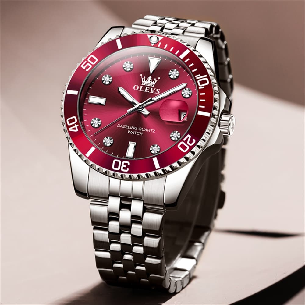 OLEVS 9809 Rotating Bezel Diamond Dial Stainless Steel Quartz Watch for Men