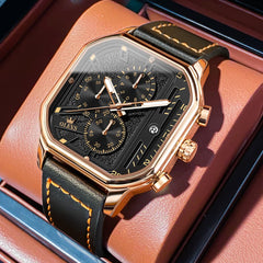 OLEVS 9950 Octagonal Case Chronograph Leather Watch for Men