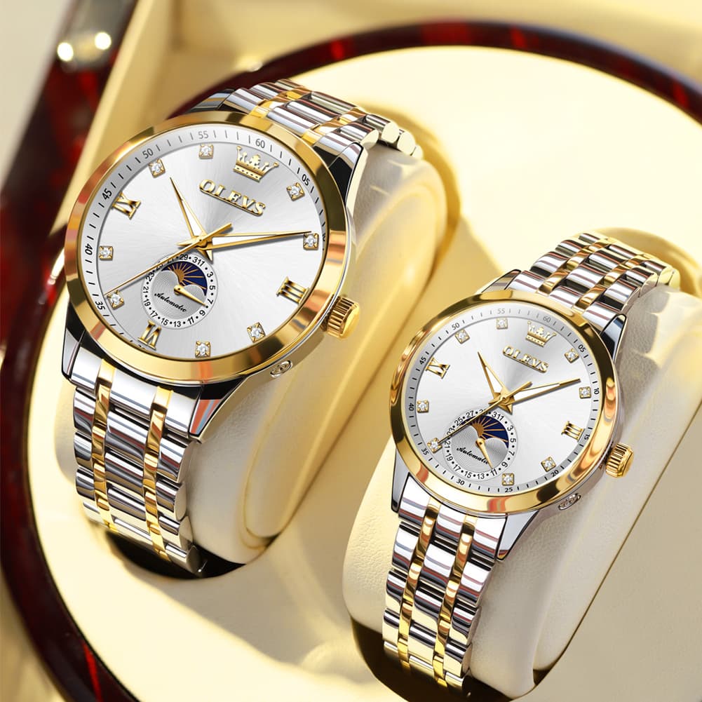 OLEVS 7041 Solid Steel Moon Phase Couples Watch Set