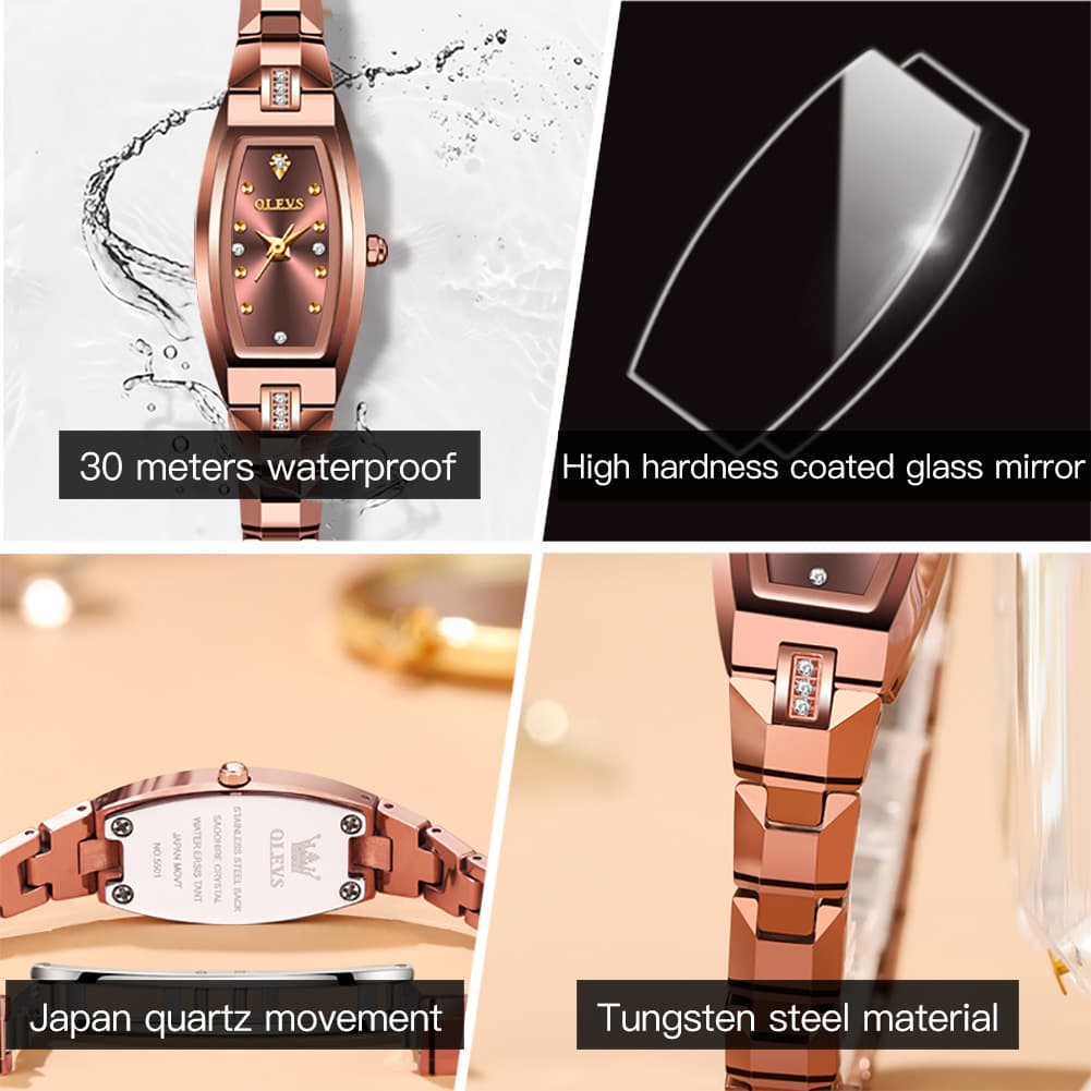 OLEVS 5501 Tonneau Tungsten Steel Quartz Watch for Women