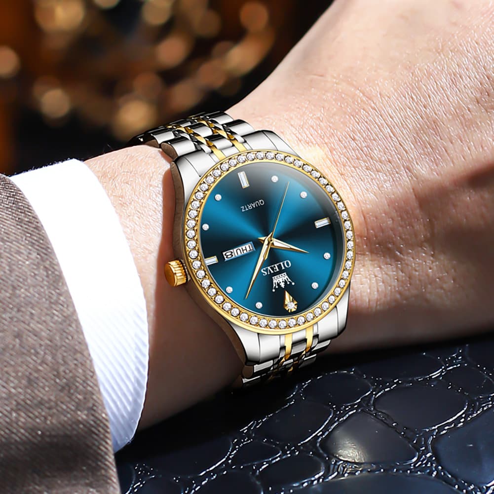 OLEVS 3625 Diamond Bezel Quartz Steel Watch for Men