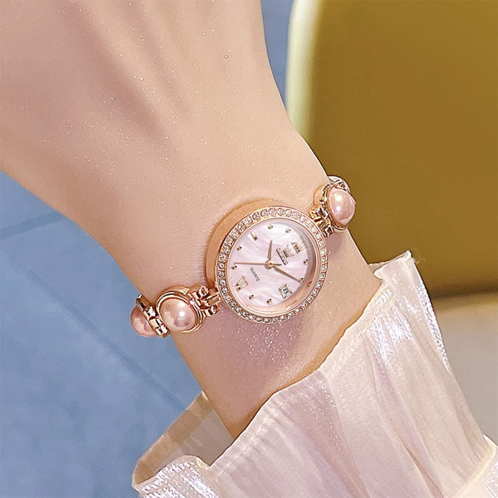 OLEVS 5669 Pearl Bracelet Watch Zircon Bezel Quartz Jewelry Timepiece for Women