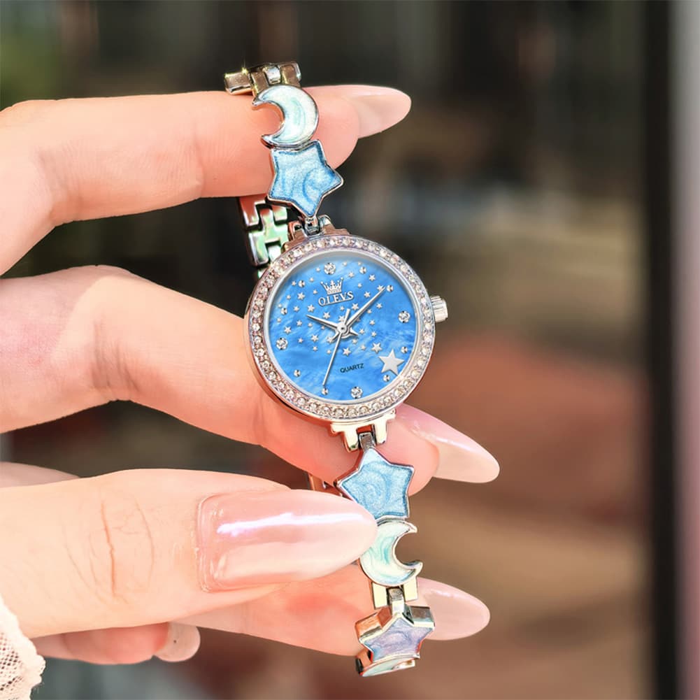 OLEVS 5665 Star Moon Bracelet Watch Mother of Pearl Starry Dial Quartz Jewelry Timepiece for Women