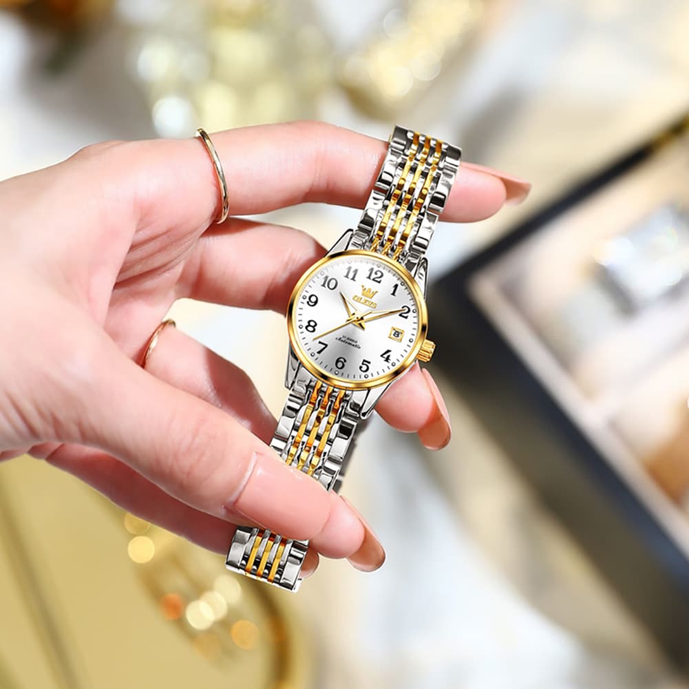 OLEVS 6666N Stainless Steel Mechanical Big Numeral Watch for Women