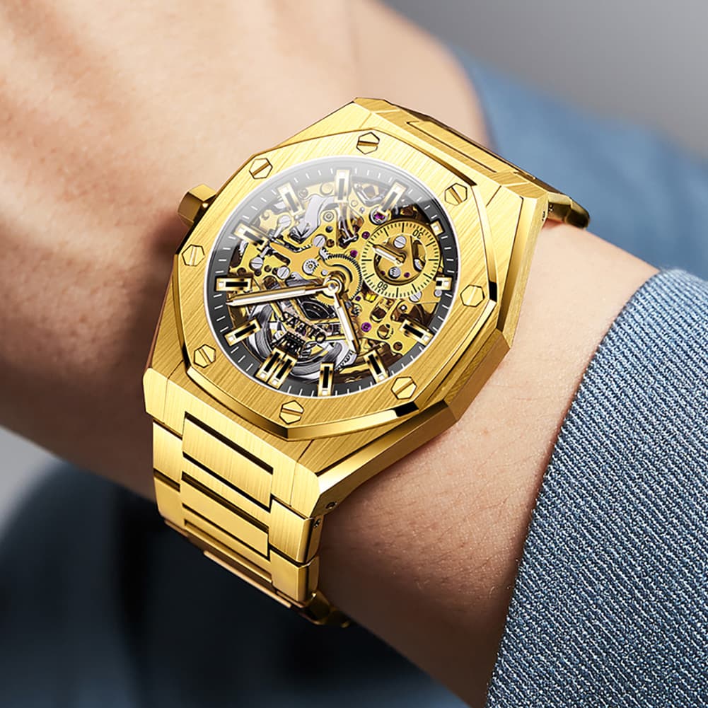 OLEVS 6669 Stainless Steel Octagonal Skeleton Watch for Men