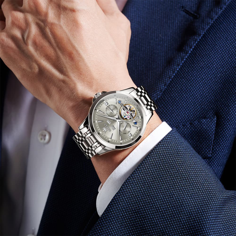 OLEVS 7091 Double Open Heart Multi-Function Automatic Watch For Men
