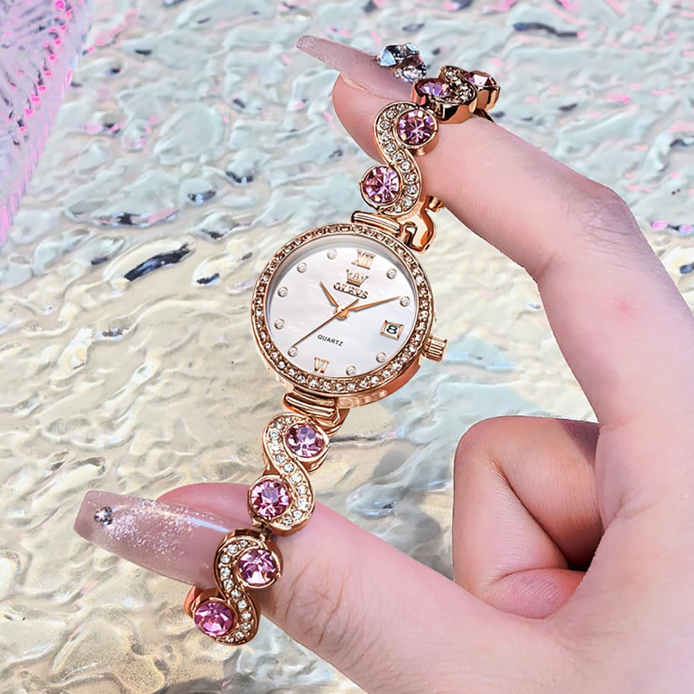 OLEVS Women Jewelry Bracelet Watch Pink Diamond Mother of Pearl Date Quartz 5633