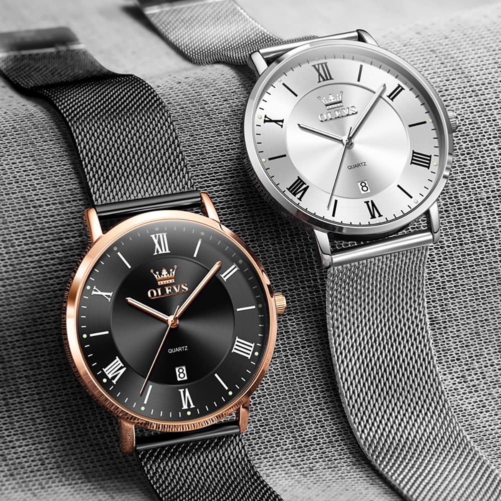 OLEVS Men Milanese Mesh Watch Ultra Slim Stainless Steel Date Quartz 5623