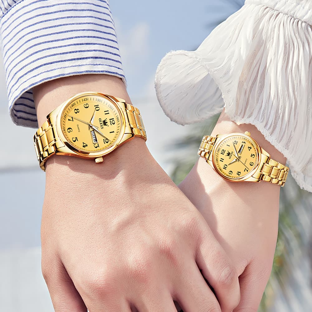 OLEVS Men and Women Couple Watch Stainless Steel Quartz Day Date Arabic Numerals 5567
