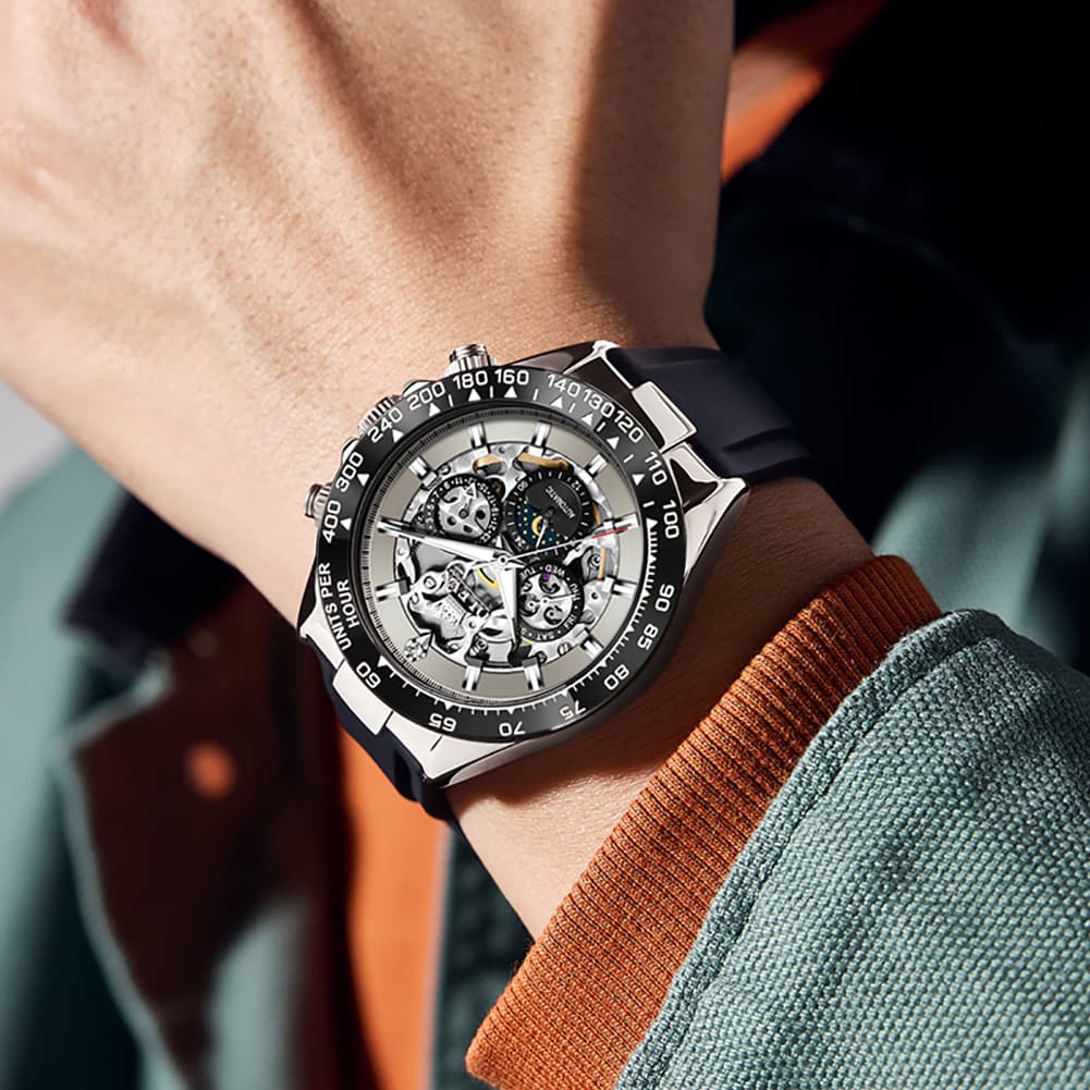 OLEVS 6713 Skeleton Silicone Sports Racing Mechanical Watch For Men