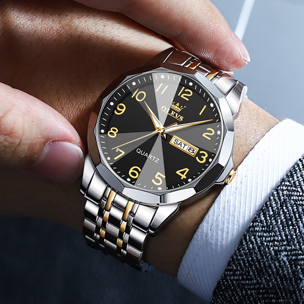 OLEVS 9970 3D Rhombic Faceted Glass Day Date Watch for Men