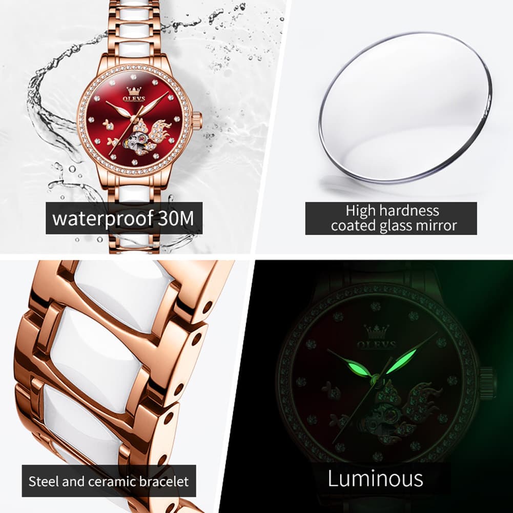 OLEVS 7001 Koi Skeleton Ceramic Mechanical Watch for Women