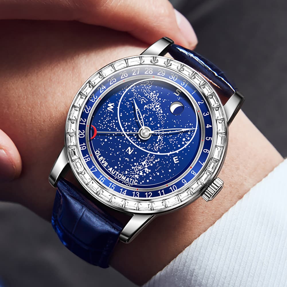 OLEVS Starry Sky Moon Phase Automatic Mechanical Watch 9923 Leather Strap for Men