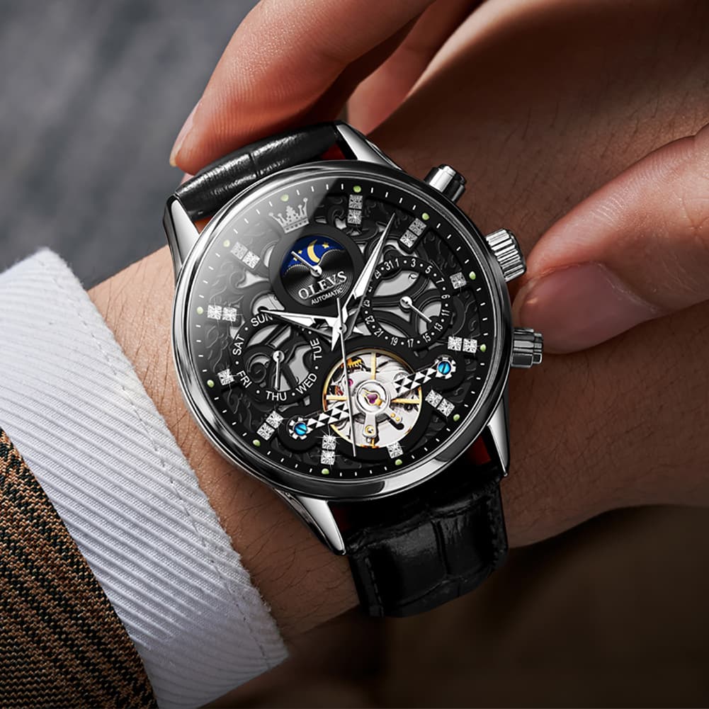 OLEVS 6658 Leather Skeleton Moon Phase Watch for Men