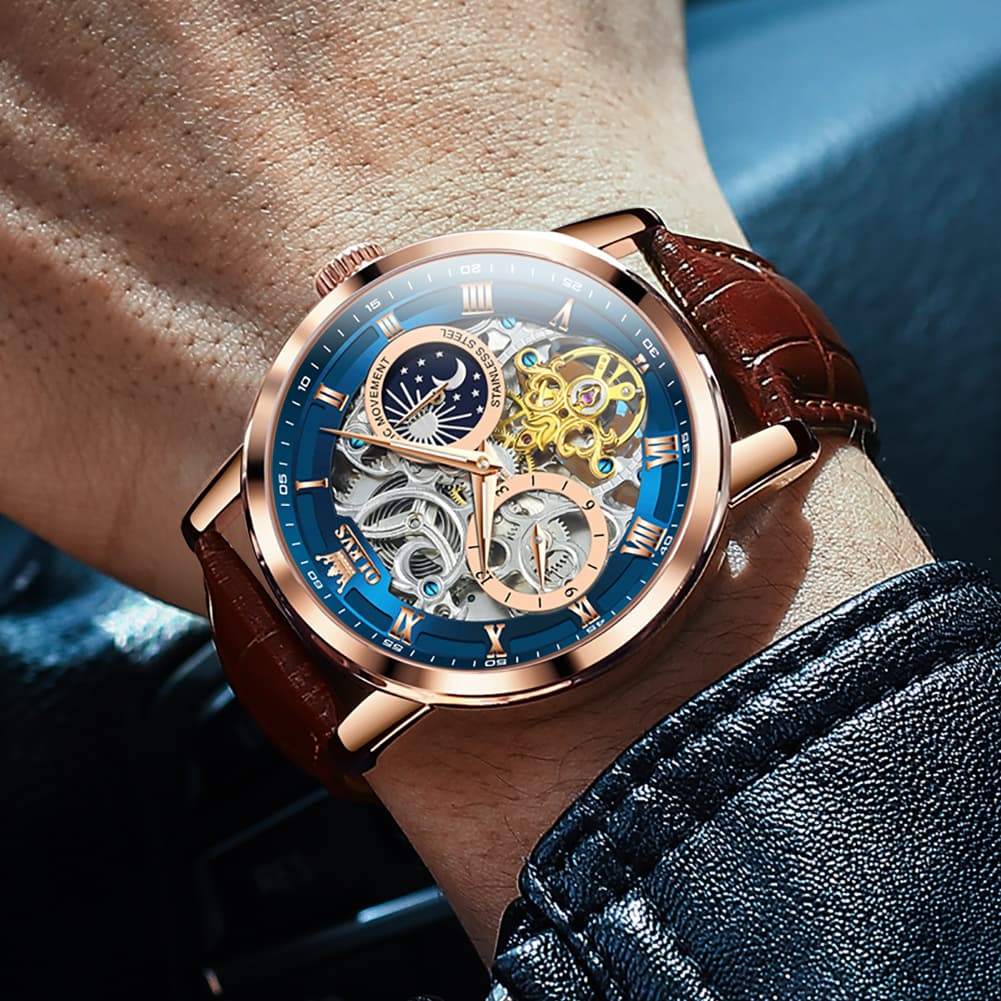 OLEVS 6670P Leather Skeleton Moon Phase Watch for Men