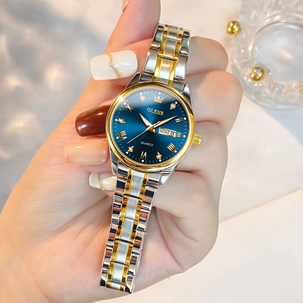 OLEVS Women Diamond Dress Watch Two Tone Stainless Steel Quartz Day Date 5563