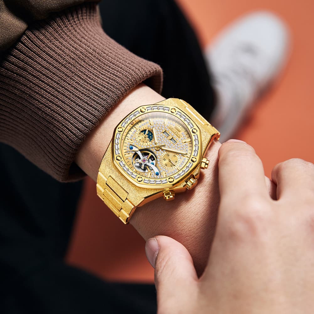 OLEVS Iced Out Moon Phase Skeleton Automatic Watch 9805 Calendar for Men