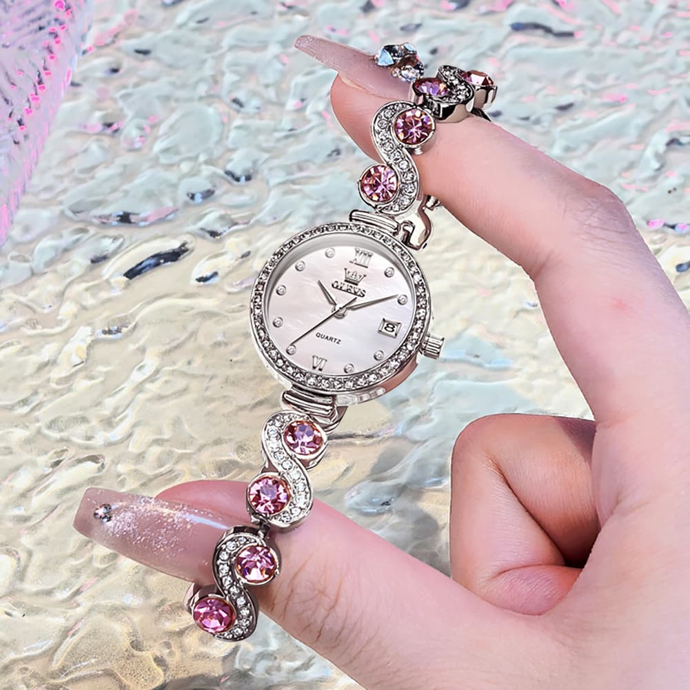 OLEVS Women Jewelry Bracelet Watch Pink Diamond Mother of Pearl Date Quartz 5633