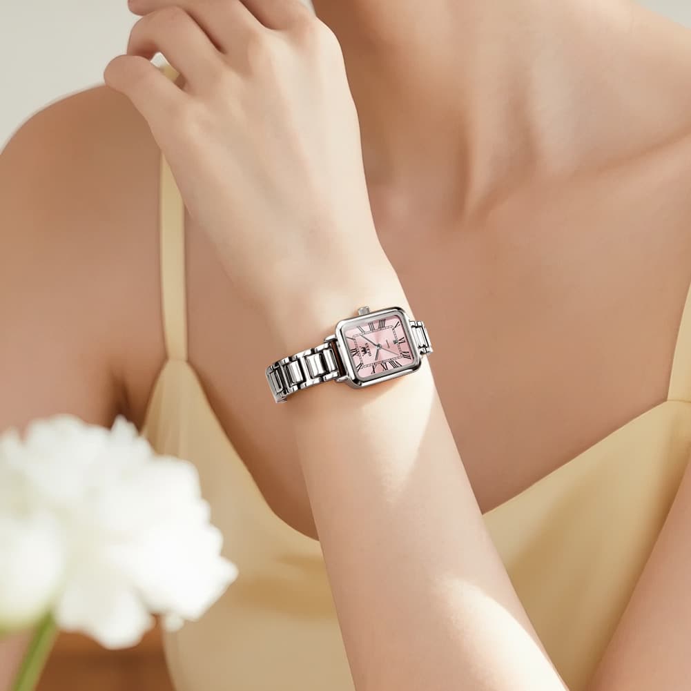 OLEVS Women Rectangular Dress Watch Retro Tank Stainless Steel Date Quartz 5641