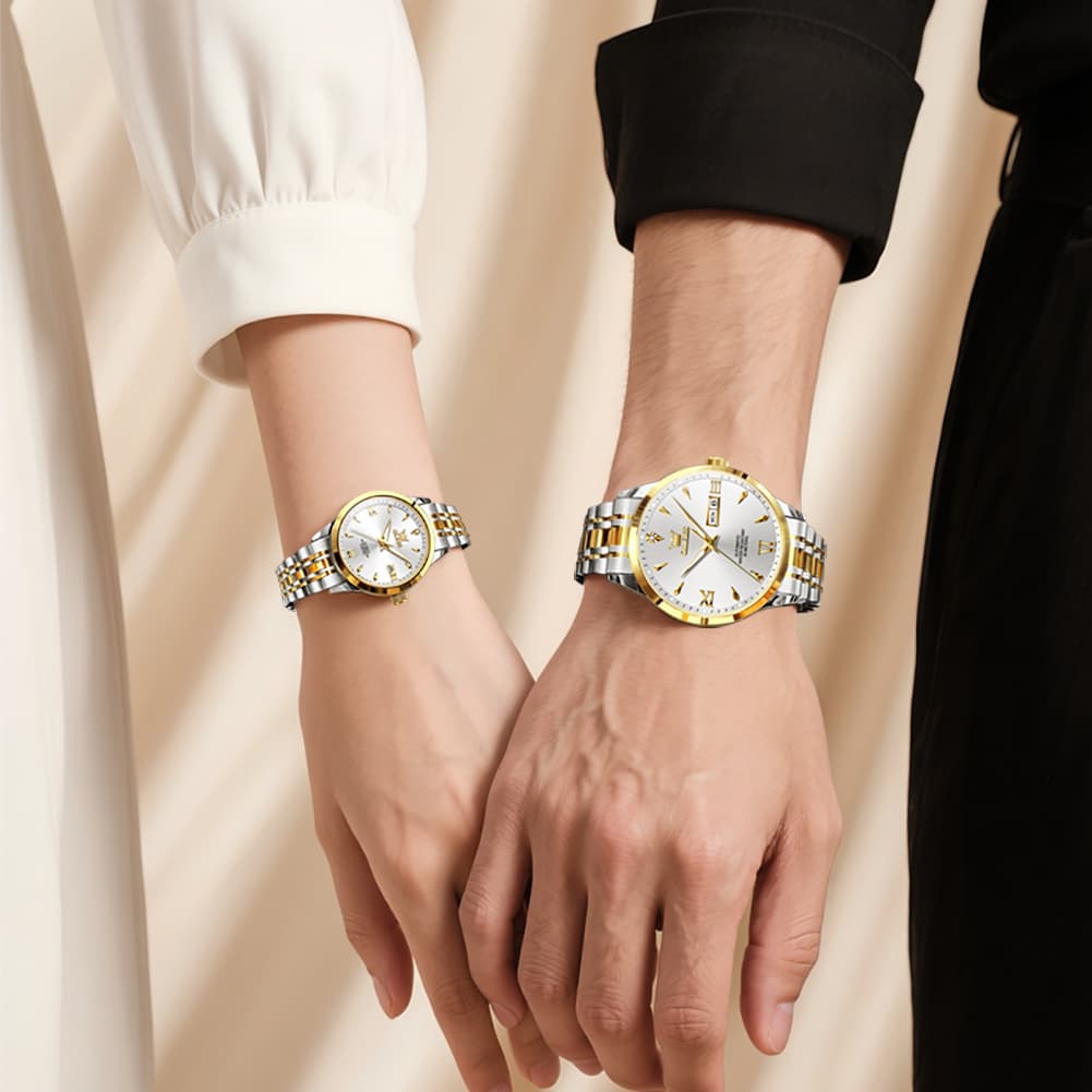 OLEVS Couple Watches Diamond Dial Automatic Mechanical Watch 9956 Steel Band for His and Hers