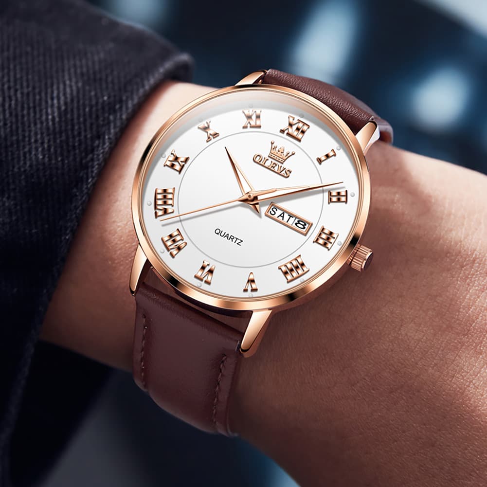 OLEVS 2920 Ultra Light Leather Day Date Quartz Watch for Men