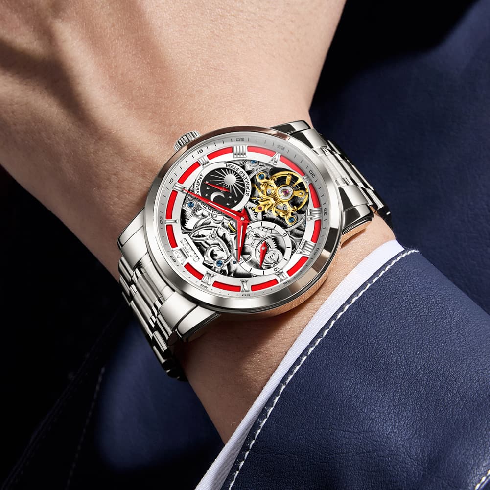 OLEVS 6670 Stainless Steel Skeleton Mechanical Watch for Men