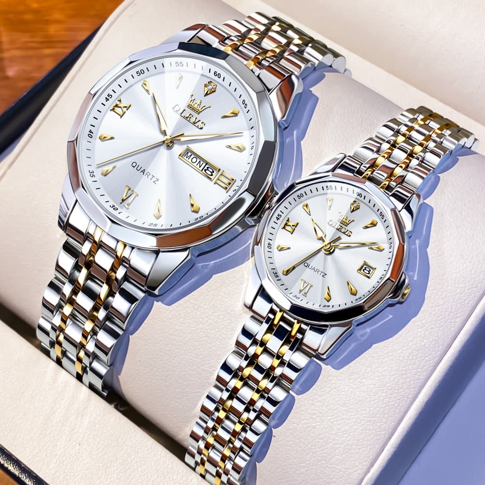 OLEVS 9998 Diamond Cut Glass Couple Dress Watch for Men and Women