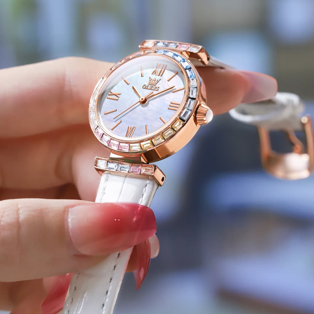 OLEVS 9007 Rainbow Bezel Mother of Pearl Leather Quartz Watch for Women