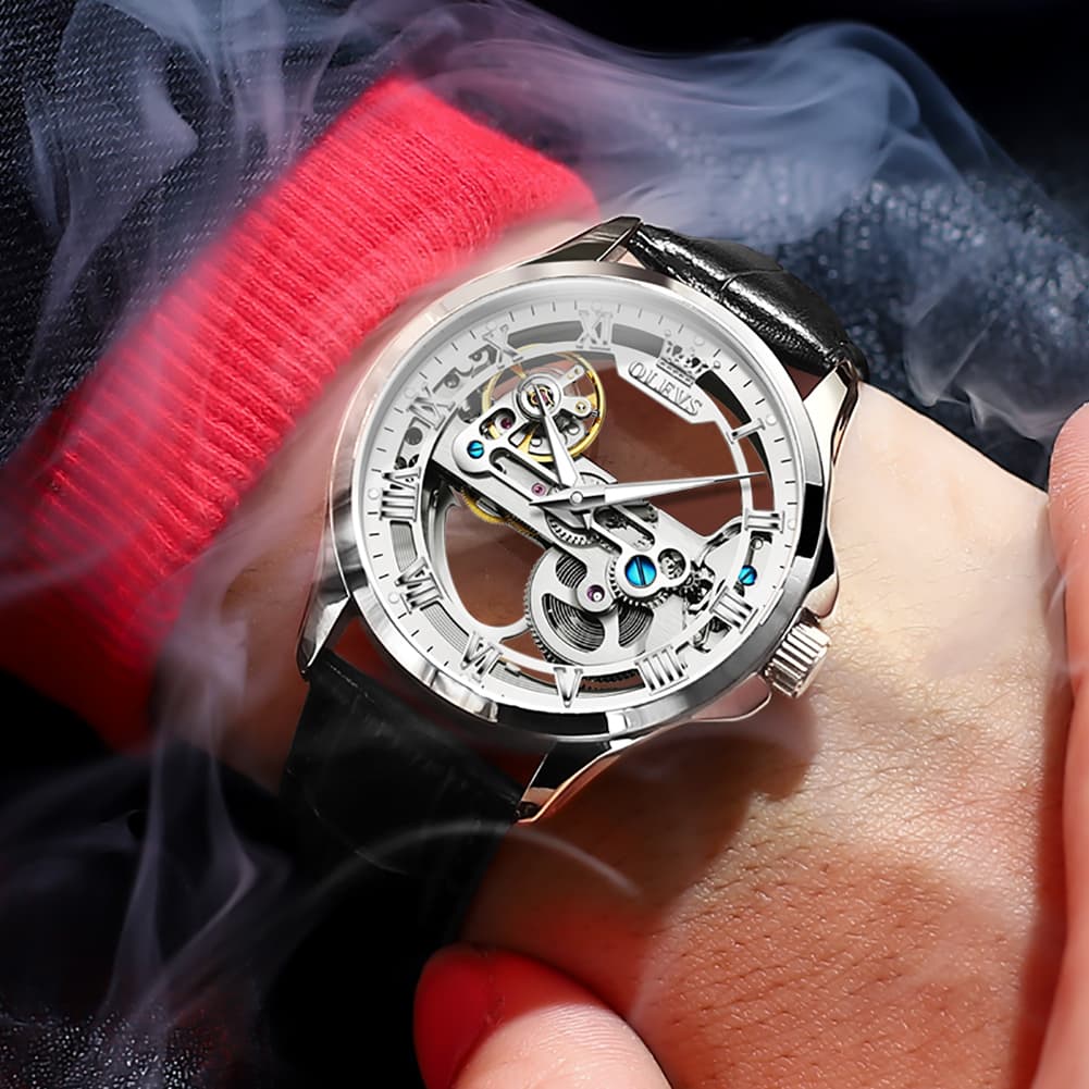 OLEVS 6661 Leather Skeleton Mechanical Watch for Men