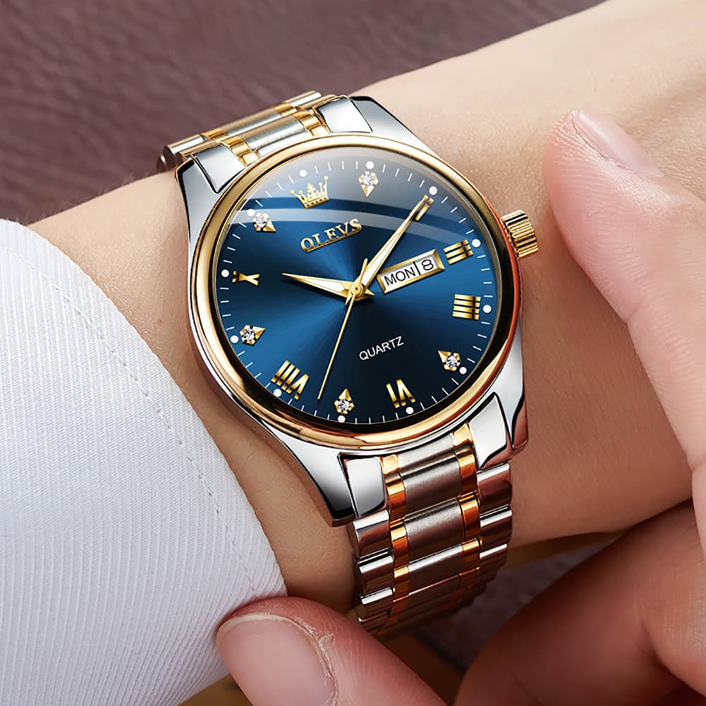 OLEVS 5563 Luxury Diamond Dial Quartz Stainless Steel Day Date Watch for Men