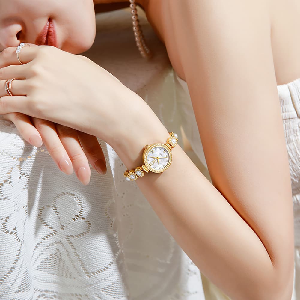 OLEVS Women Pearl Bracelet Watch Diamond Mother of Pearl Date Quartz 5635