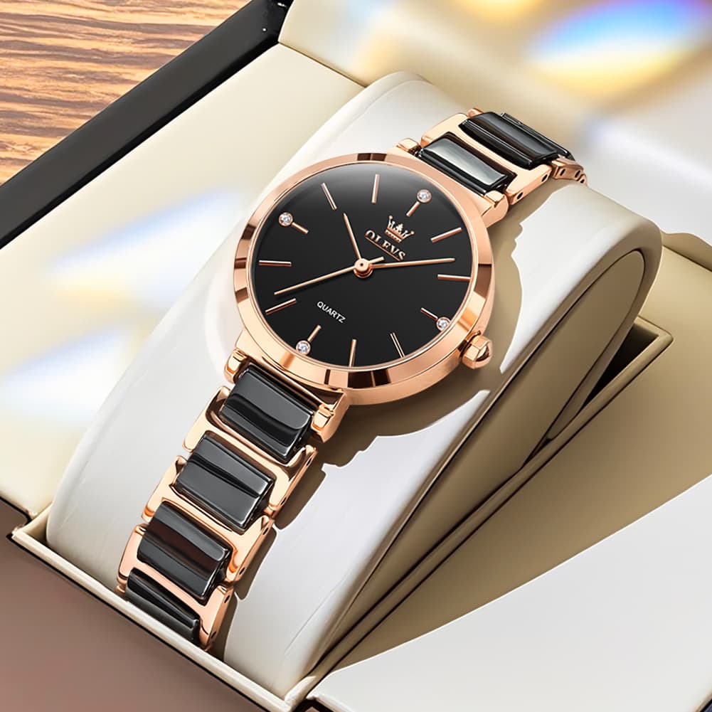 OLEVS 5877 Ceramic Bracelet Watch Rose Gold Minimalist Diamond Accent Japan Quartz Luxury Timepiece for Women