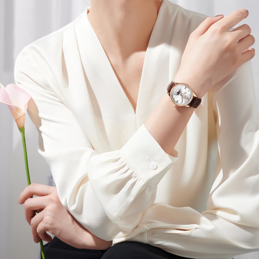 OLEVS 7039 Leather Moon Phase Mechanical Watch For Women