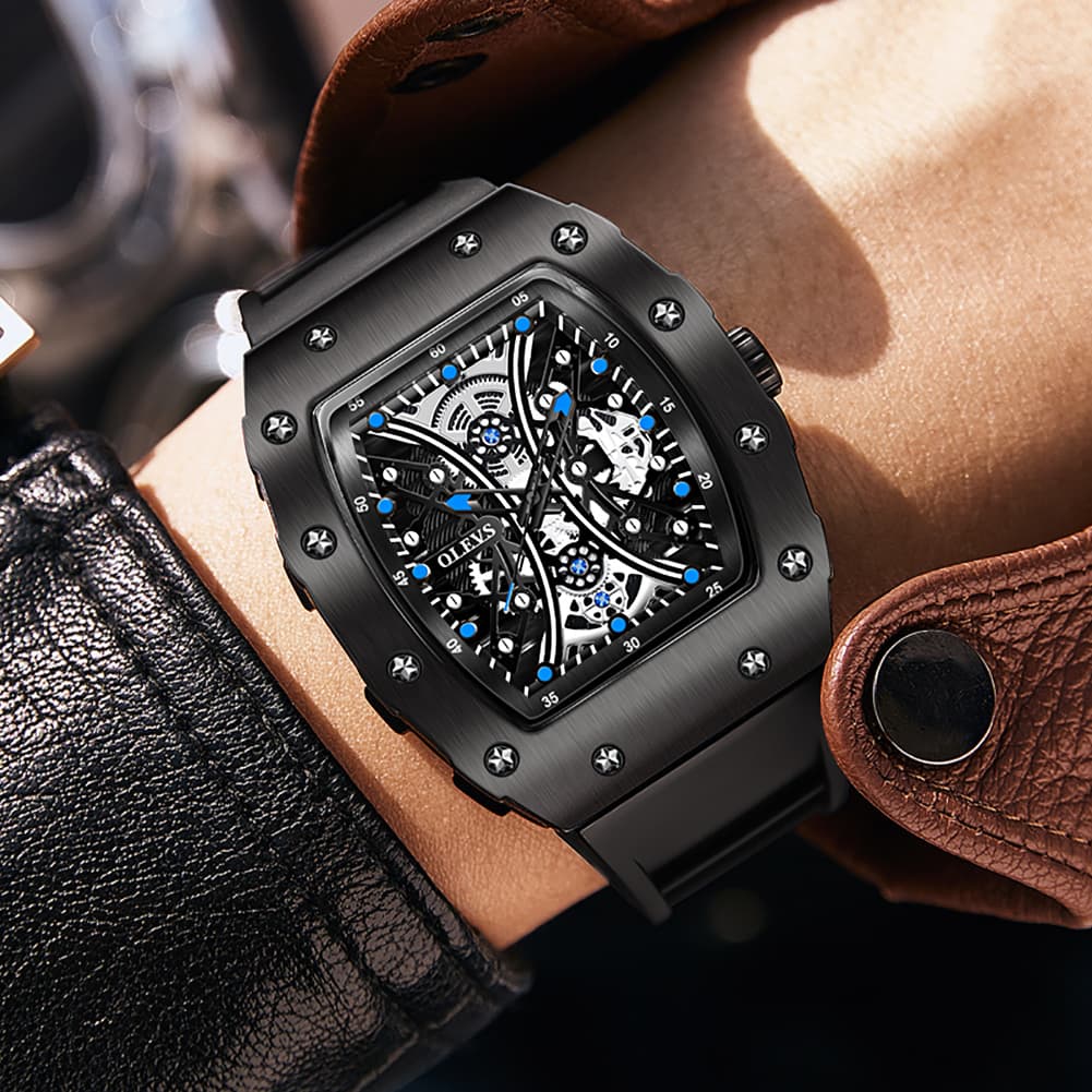 OLEVS 3602 Tonneau Skeleton Quartz Watch for Men