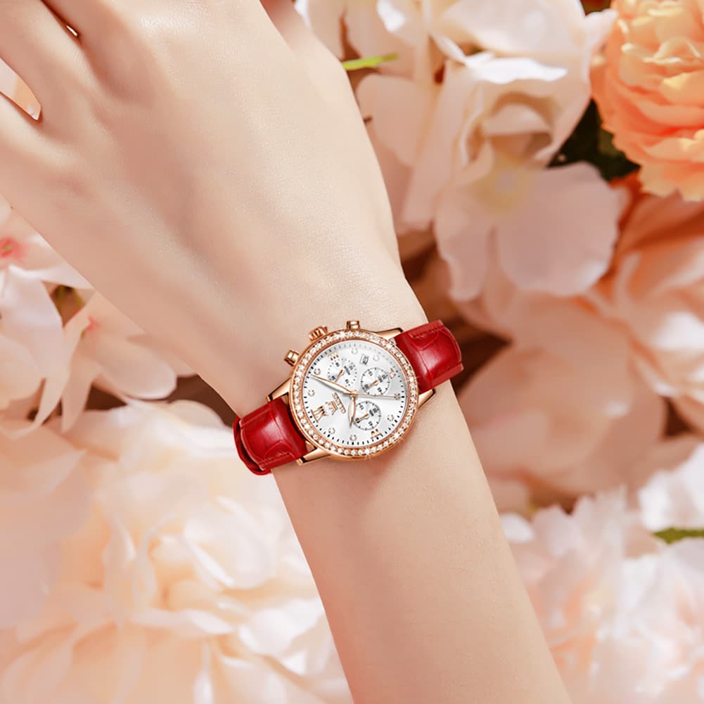 OLEVS 9933 Crystal Bezel Chronograph Leather Watch for Women