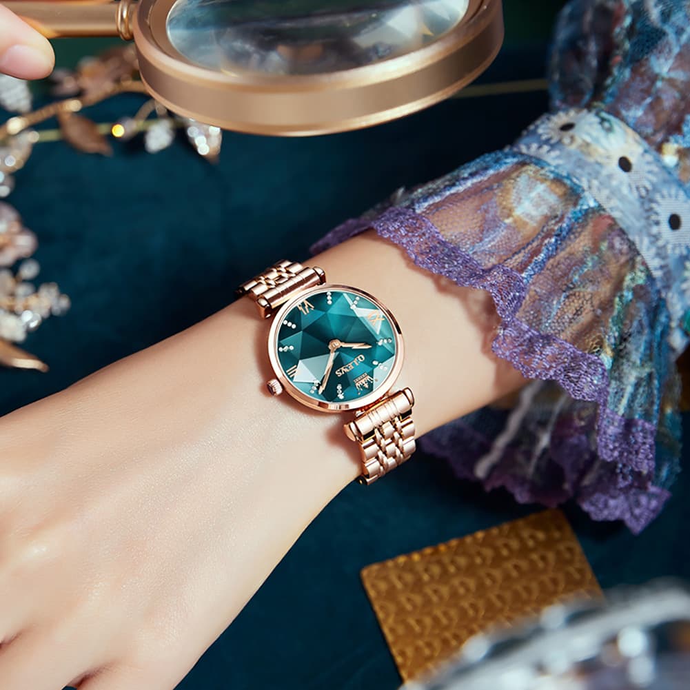 OLEVS 6642 Prism Cut Crystal Watch Rose Gold Stainless Steel Japan Quartz Timepiece for Women