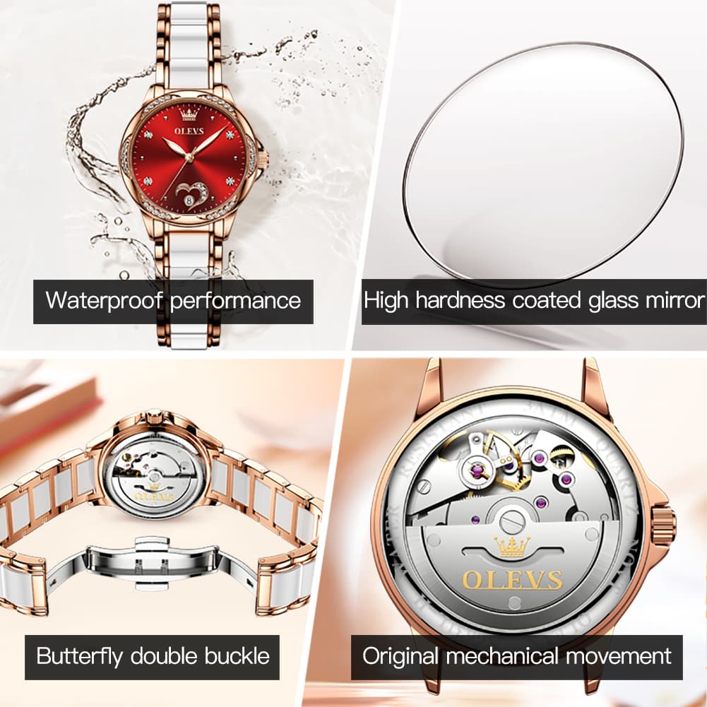 OLEVS 6631 Ceramic Mechanical Skeleton Watch for Women