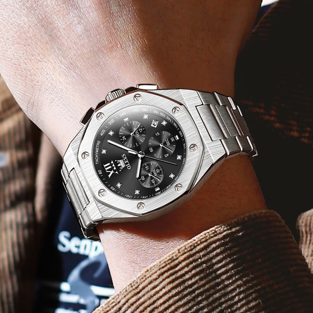 OLEVS 3626 Octagonal Chronograph Quartz Steel Watch for Men