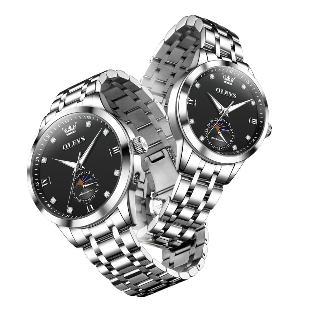 OLEVS 7041 Solid Steel Moon Phase Couples Watch Set