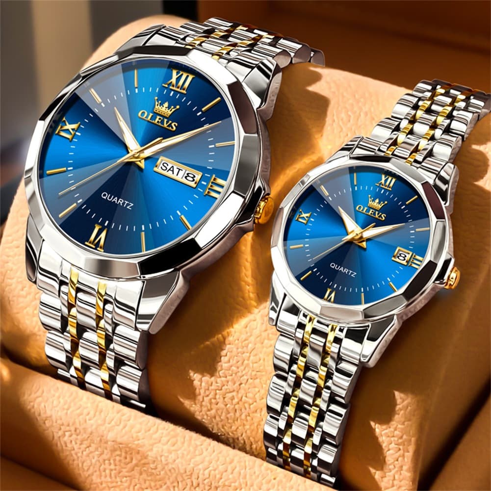 OLEVS 9989 Diamond Cut Glass Couple Dress Watch for Men and Women