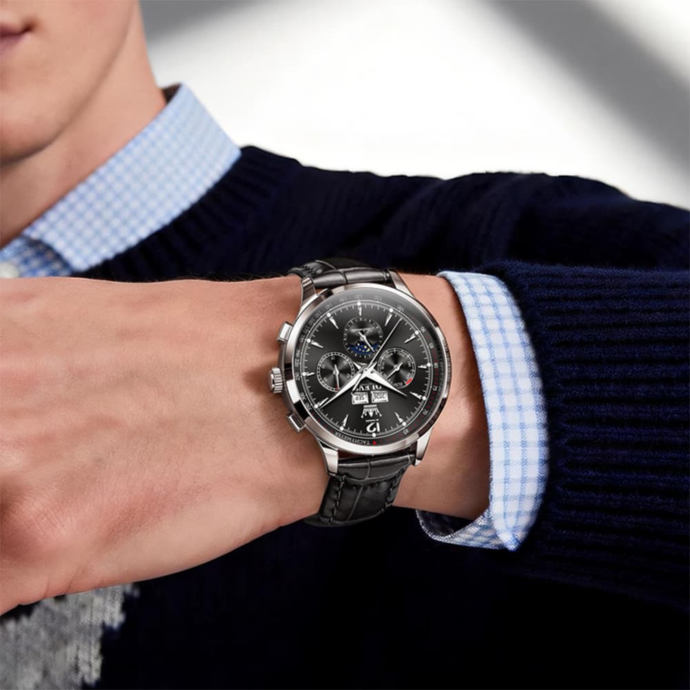 OLEVS Moon Phase Automatic Mechanical Watch 7128 Leather Strap for Men