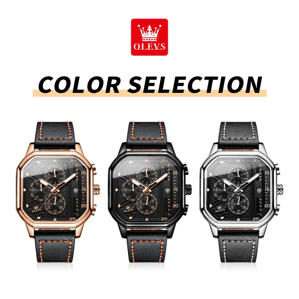 OLEVS 9950 Octagonal Case Chronograph Leather Watch for Men