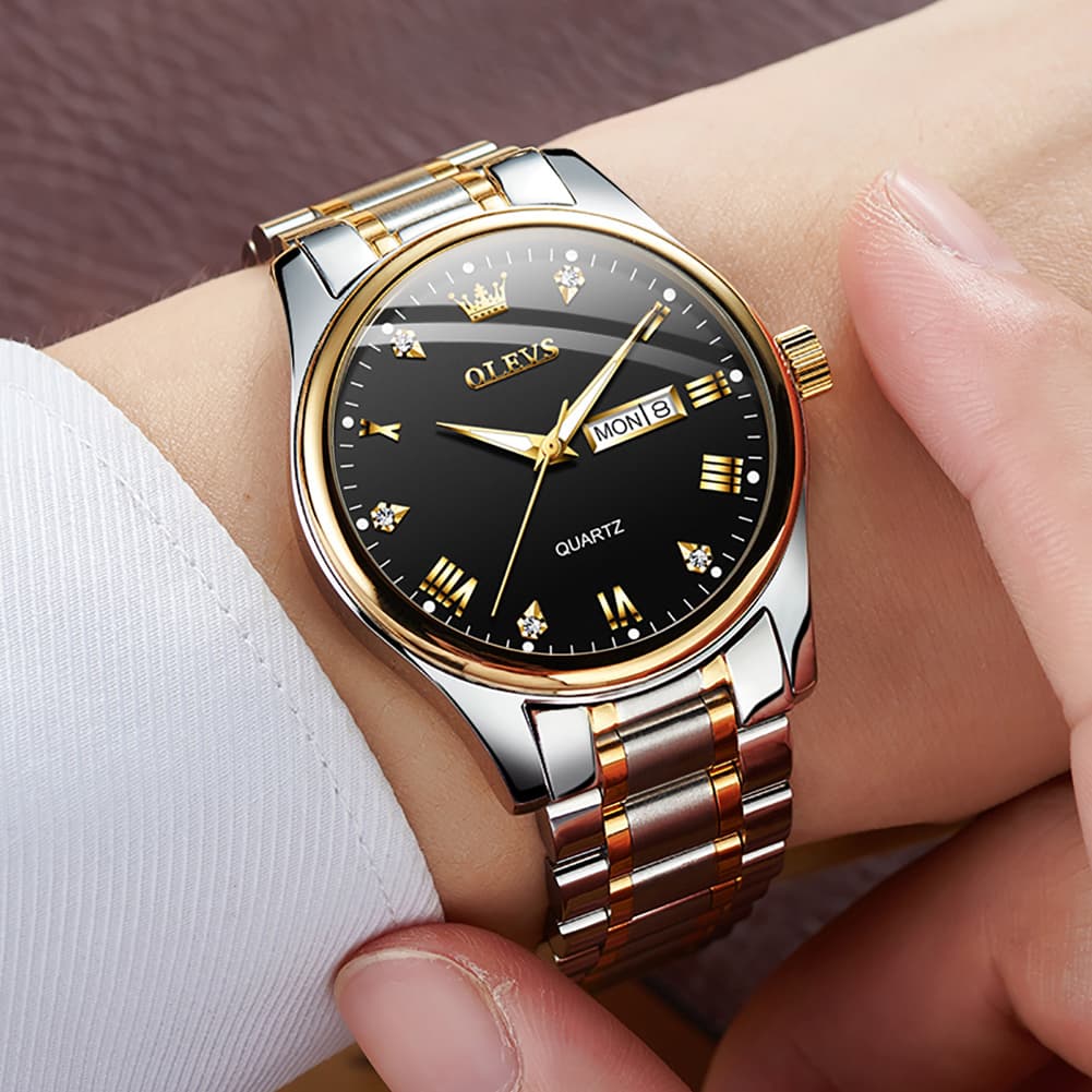 OLEVS 5563 Luxury Diamond Dial Quartz Stainless Steel Day Date Watch for Men