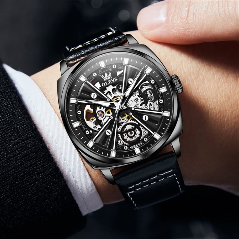 OLEVS 6685 Mechanical Skeleton Leather Watch for Men
