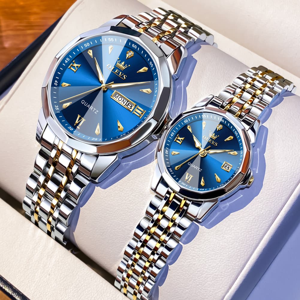 OLEVS 9998 Diamond Cut Glass Couple Dress Watch for Men and Women