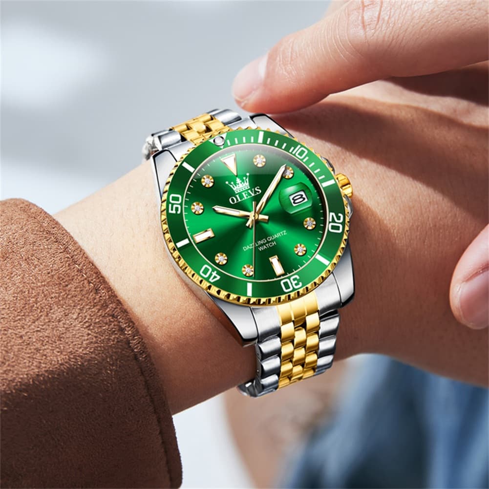 OLEVS 9809 Rotating Bezel Diamond Dial Stainless Steel Quartz Watch for Men