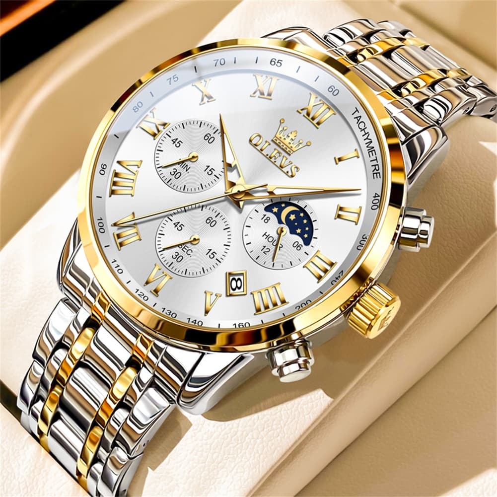 OLEVS Chronograph Moon Phase Dress Watch for Men Stainless Steel 5529
