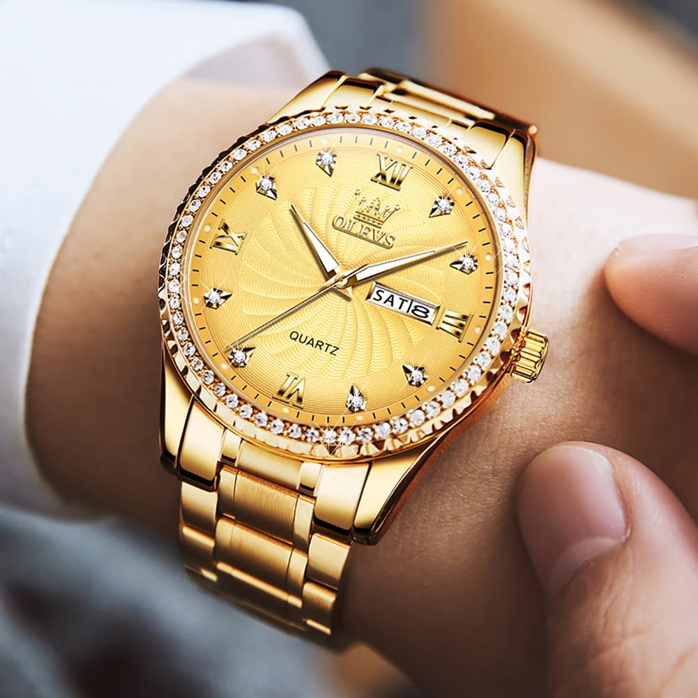 OLEVS Men Diamond Bezel Watch Two Tone Stainless Steel Quartz Day Date 5565