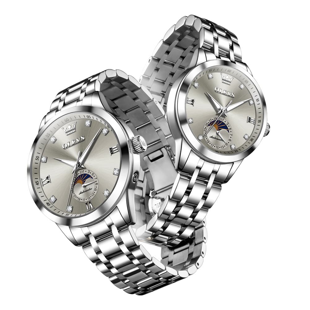 OLEVS 7041 Solid Steel Moon Phase Couples Watch Set