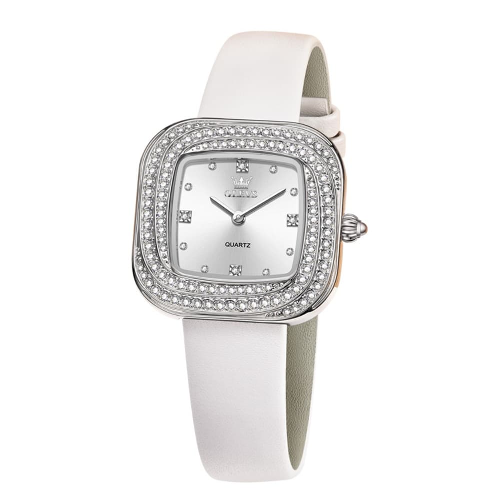 OLEVS Square Diamond Bezel Leather Watch 5512 Petite Quartz for Women